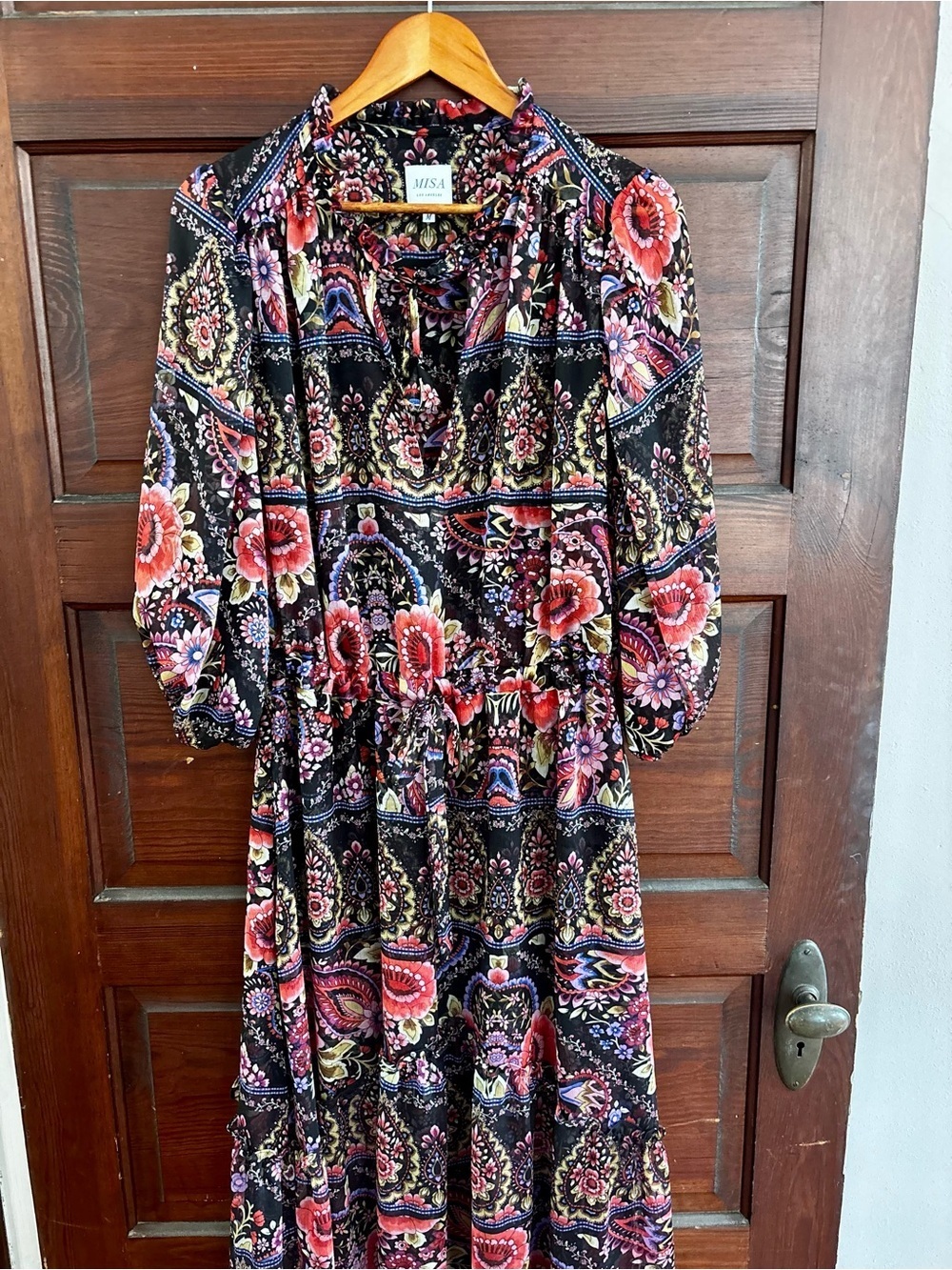 Misa Los Angeles Black Paisley Floral Midi Dress with Pink Accents - Picture 7 of 9